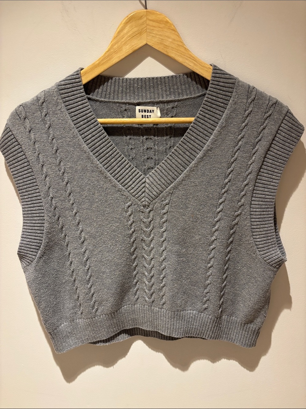 Sunday Best Light Gray Cable V-Neck cropped Sweater Vest